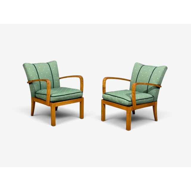 1940s Swedish Modern, Lounge Chairs, Hardwood, Fabric, Sweden, 1940s For Sale - Image 5 of 11