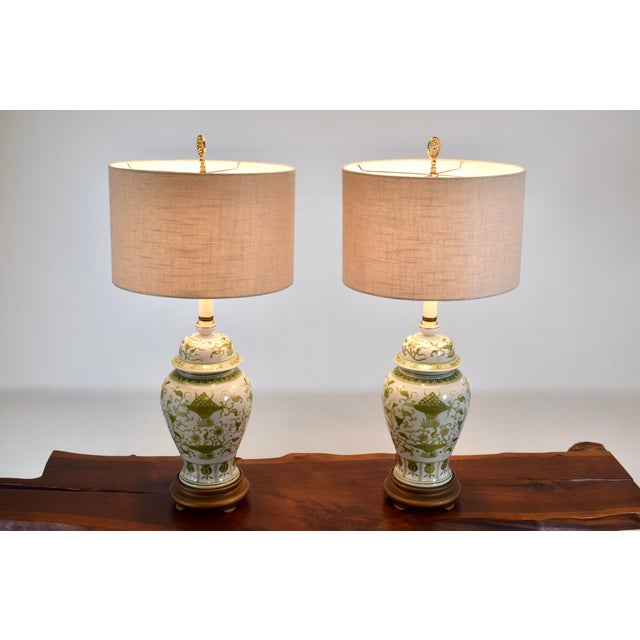 Frederick Cooper Vintage Chinese Porcelain Hand Painted Artichoke Table Lamps Ginger Jars, Pair For Sale - Image 4 of 11
