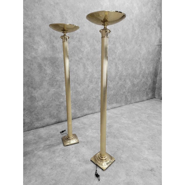 Vintage Art Deco Rembrandt Brass Corinthian Column Torchiere Floor Lamp - Pair For Sale - Image 9 of 10