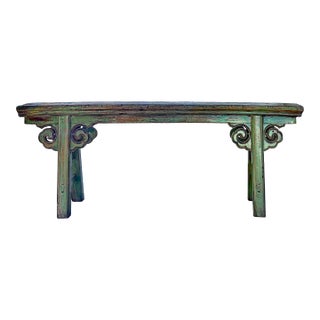 Distressed Lime Green Village Slim Narrow Scroll Apron Wood Bench For Sale