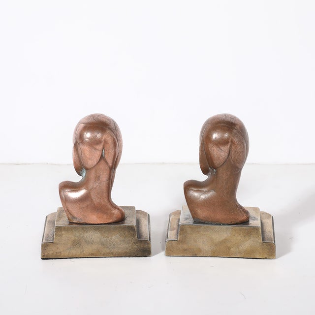 Metal Art Deco Machine Age Flapper Bookends in Copper & Antique Brass Signed Frankarts For Sale - Image 7 of 10