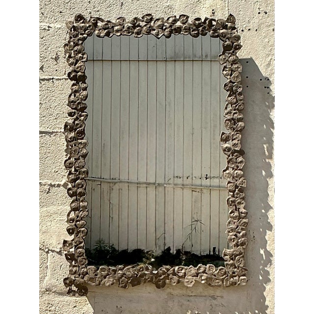 Oyster Gray Vintage Boho Hammered Metal Floral Ring Mirror For Sale - Image 8 of 8