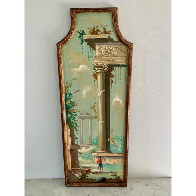 Wood Antique Grand Tour Italian Capriccio Framed Oil on Board Paintings of a Landscape With Ruins, Pair For Sale - Image 7 of 13