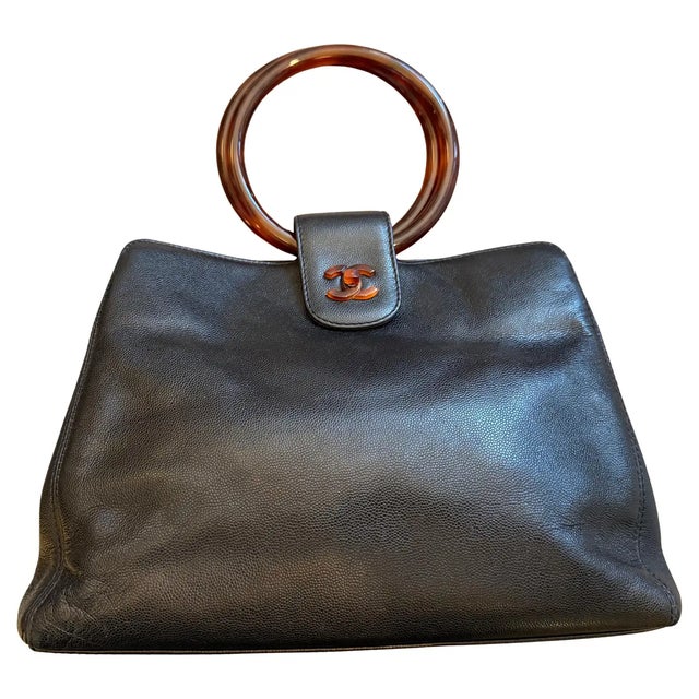 A Rare 2000s Black Caviar Leather and Bakelite Top Handle Bag by Chanel For Sale - Image 14 of 15