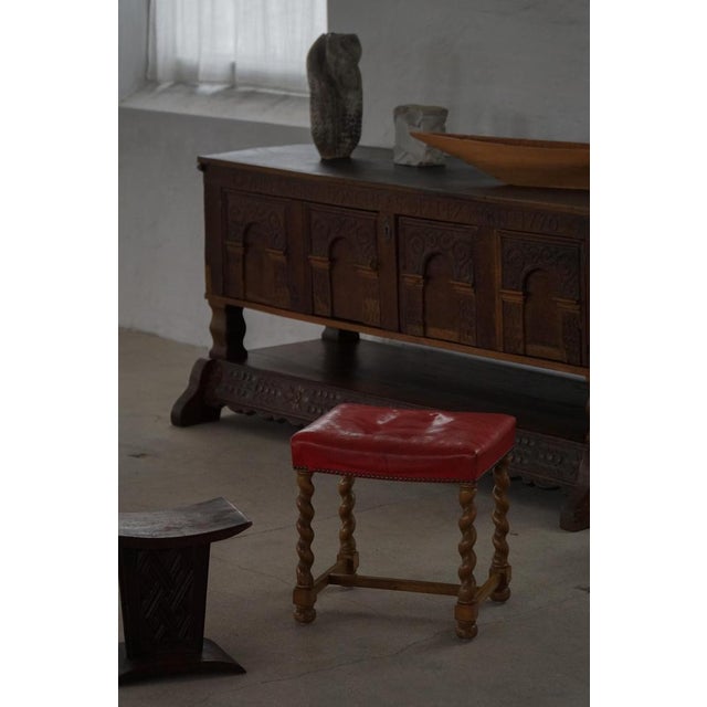 Vintage Danish Oak Barley Twist Stool with Red Leather Seat, 1930s For Sale - Image 15 of 16