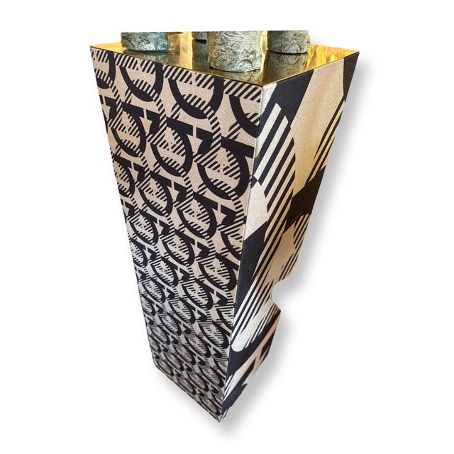 Vintage Italian Faux Leather on Wood Upholstery Geometric Pedestal For Sale - Image 4 of 5