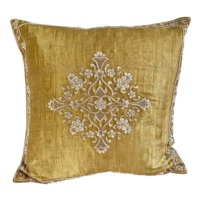 Asian Medallion Floral Zardozi Embellished Gold Silk Jacquard. Decorative Pillow Cover For Sale