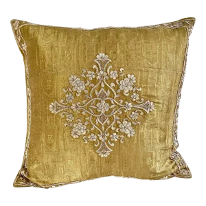 Asian Medallion Floral Zardozi Embellished Gold Silk Jacquard. Decorative Pillow Cover