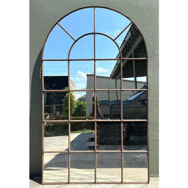 Late 20th Century Vintage Monumental Arched Wrought Iron Mirror With Patinated Mullion Detail For Sale - Image 5 of 12