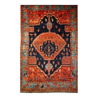 Vintage Persian Malayer Tribal Area Rug, Hand-Knotted Wool, Geometric Pattern, 4x6, Terracotta & Blue For Sale