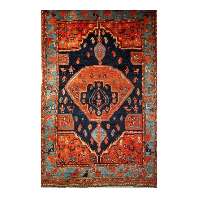 Vintage Persian Malayer Tribal Area Rug, Hand-Knotted Wool, Geometric Pattern, 4x6, Terracotta & Blue For Sale