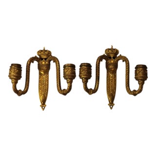 Pair of Antique French Gilt Bronze Dual-Candle Sconces With Royal Crown C1890 For Sale