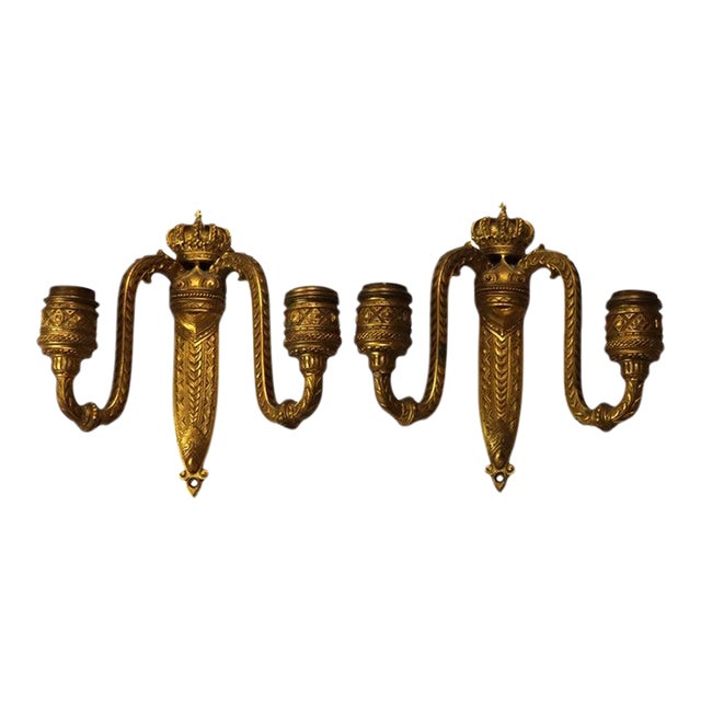 Pair of Antique French Gilt Bronze Dual-Candle Sconces With Royal Crown C1890 For Sale