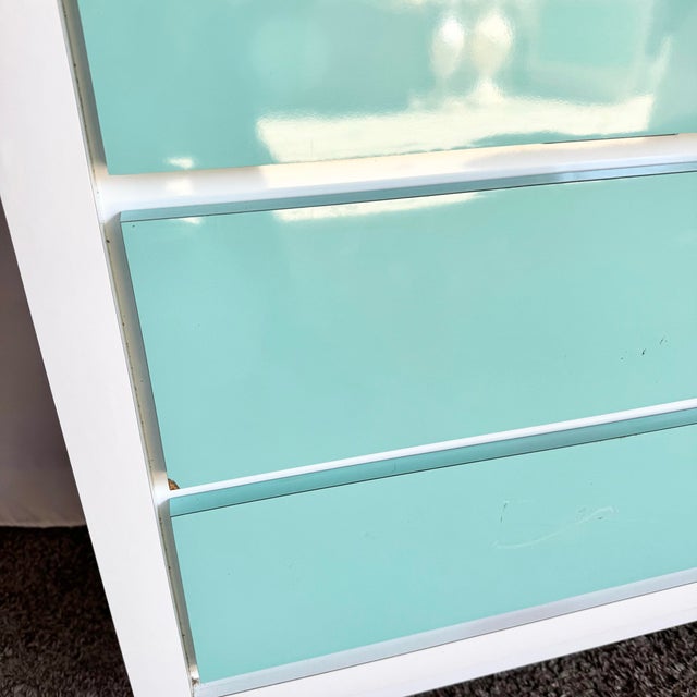 1980s Postmodern White and Turquoise Lacquer Laminate Waterfall Dresser For Sale - Image 10 of 13