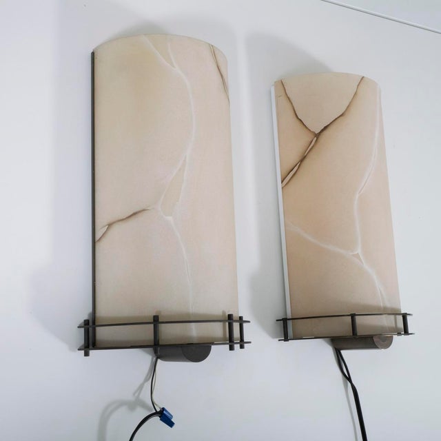 Mid-Century Modern Pair of Resin Faux Marble Demilune Wall Sconces For Sale - Image 3 of 14