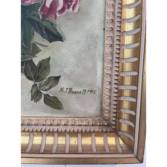 Textile Antique Style Signed Floral Oil Painting of Pink Roses by M. J. Bennett, Dated 1905 For Sale - Image 7 of 8