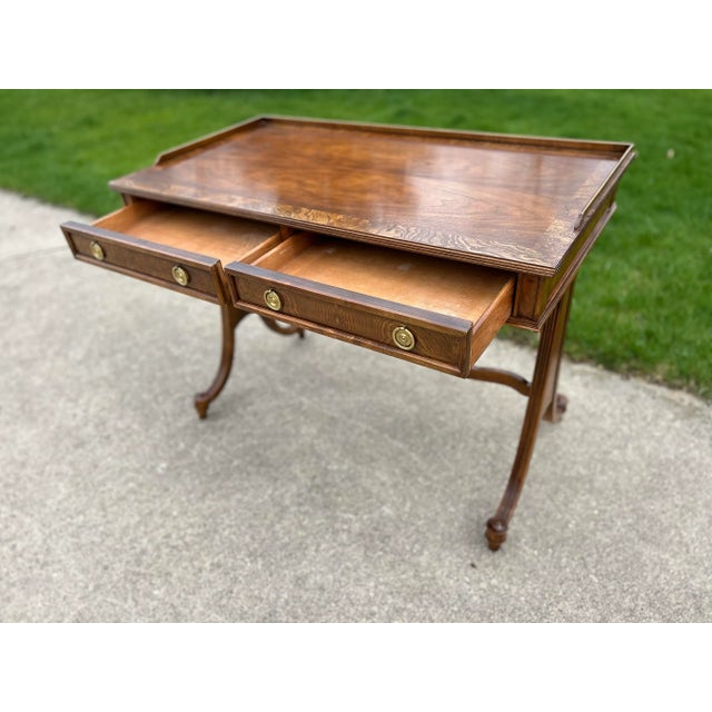 Vintage Mounted Walnut Writing Desk Attributed to Baker Furniture - Original Brass Accents For Sale - Image 11 of 11