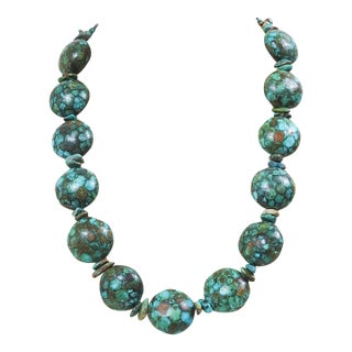 Late 20th Century Chunky Mosaic Turquoise Bead Necklace For Sale