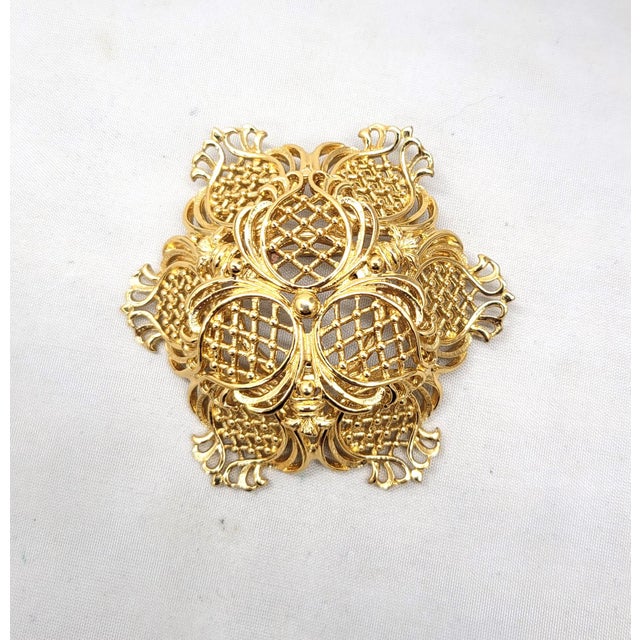 Metal Vintage Signed Monet Goldtone Openwork Brooch For Sale - Image 7 of 8