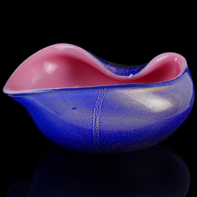 Vintage Seguso Murano Blue Sapphire Pink Gold Flecks Italian Art Glass Mid Century Bowl Dish For Sale In Orlando - Image 6 of 9