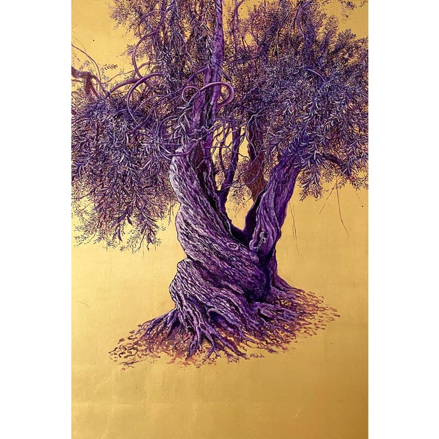 Anastasia Gklava, Grandiose, Realist Purple & Lavender Olive Tree, 2022, Oil & Gold Leaf Canvas For Sale