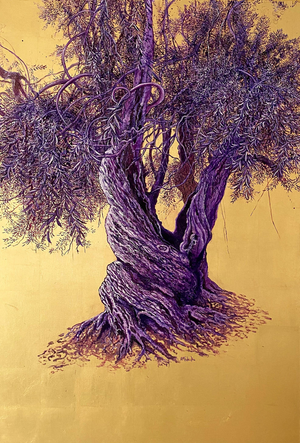 Anastasia Gklava, Grandiose, Realist Purple & Lavender Olive Tree, 2022, Oil & Gold Leaf Canvas