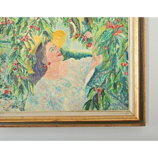 French vintage framed oil portrait on canvas of a lady (“Lydie”) surrounded by cherry trees in an orchard, painted by her...