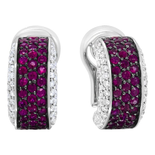 18K White Gold and Black Rhodium Plated 3/4 Cttw Round Diamonds and 1mm Round Red Ruby Huggie Hoop Earrings, A Pair For Sale