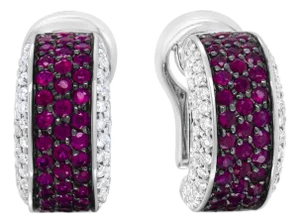 18K White Gold and Black Rhodium Plated 3/4 Cttw Round Diamonds and 1mm Round Red Ruby Huggie Hoop Earrings, A Pair