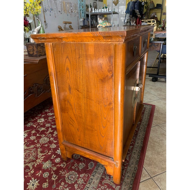 Late 20th Century Vintage Asian-Inspired Solid Wood Cabinet With Brass Hardware For Sale - Image 5 of 9