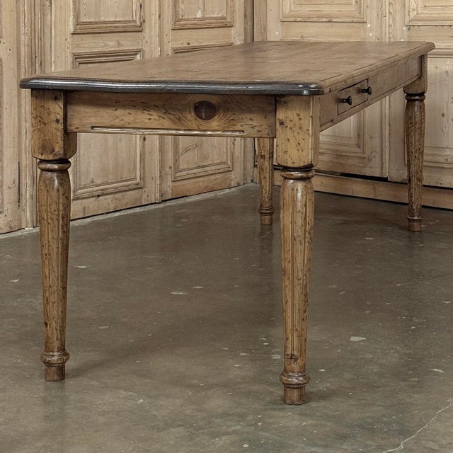 Wood Antique English Rustic Pine Farm Table ~ Dining Table With Drawer For Sale - Image 7 of 18
