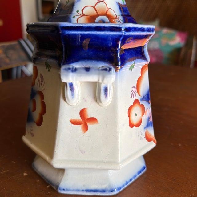 Mid 19th Century Antique Gaudy Welsh Crescent Pinwheel Flow Blue Covered Sugar Bowl, Circa 1840s For Sale - Image 5 of 12