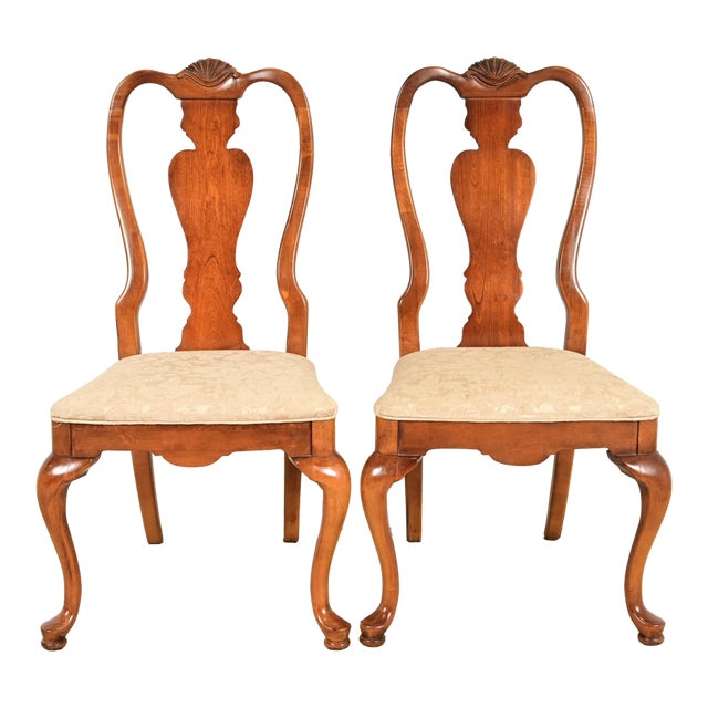 Queen Anne Solid Mahogany Side Chairs or Dining Chairs by Stanley, Pair For Sale