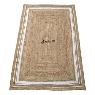 Handwoven Organic Natural Jute Area Rug With Ivory Framed Border For Sale