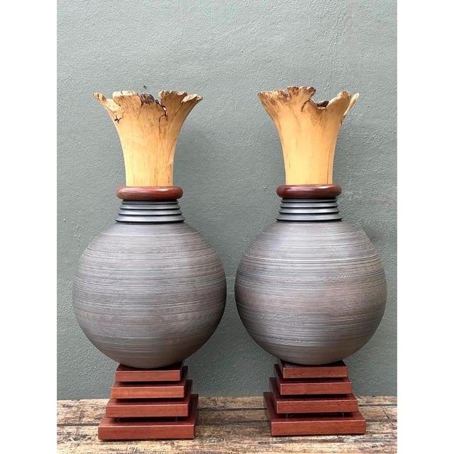 Vintage Monumental Sculptural Wood Urns - A Pair For Sale - Image 12 of 12