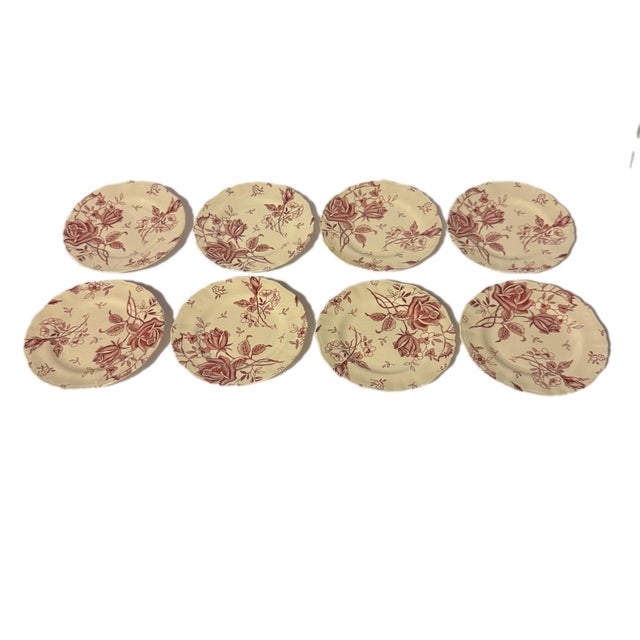 English Mid Century J & G Meakin Tudor Roses Cream & Burgundy Ironstone Salad Plates - Set of 8 For Sale - Image 3 of 7