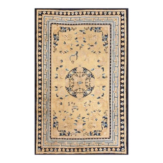 1750s Light Yellow Medallion Antique Chinese Ningxia Rug 5' 4"x 8' 6" Knotted Wool Carpet For Sale