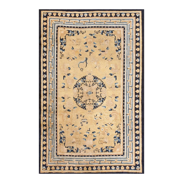 1750s Light Yellow Medallion Antique Chinese Ningxia Rug 5' 4"x 8' 6" Knotted Wool Carpet For Sale