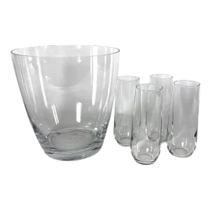 Late 20th Century Minimalist Glass Ice Bucket With Four Stemless Champagne Flutes Set- 5 Pieces
