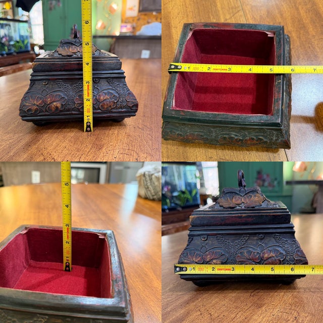 Vintage Style Carved Floral Jewelry Box Red Velvet Lined Footed Trinket Chest For Sale - Image 9 of 11