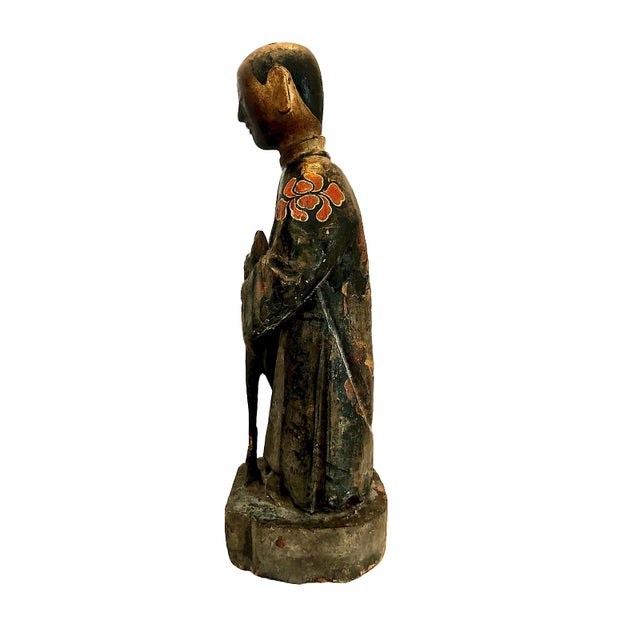 Asian Chinese Qing Dynasty Lacquered and Polychrome Wood 18" Figure With a Deer For Sale - Image 3 of 13
