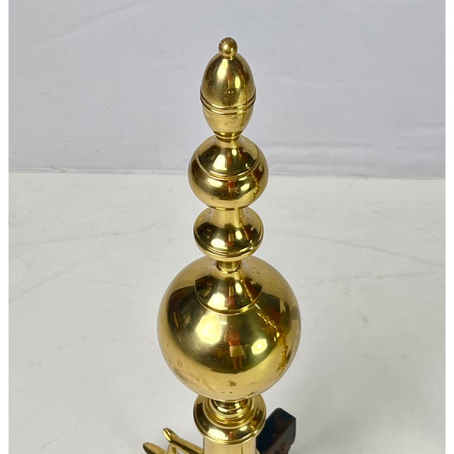 Vintage Tall Polished Brass & Cast Iron Ball Top Andirons - Pair For Sale - Image 9 of 14