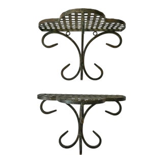 Pair of Antique French Hand-Forged Wrought Iron Wall Shelves Brackets With Scalloped Lattice For Sale