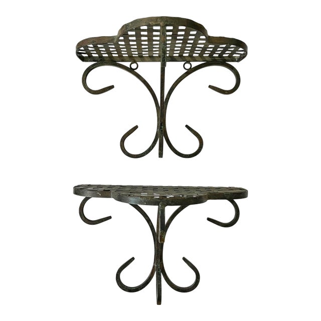 Pair of Antique French Hand-Forged Wrought Iron Wall Shelves Brackets With Scalloped Lattice For Sale