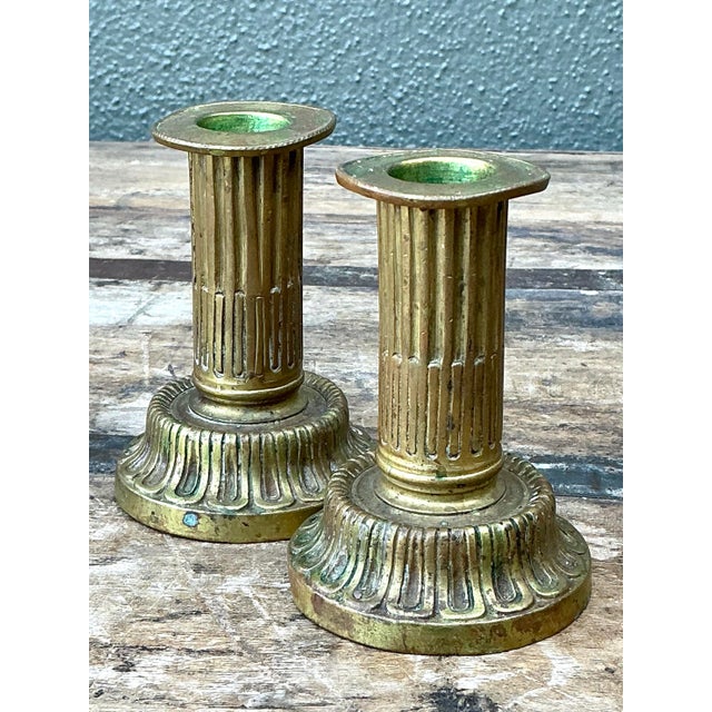Vintage French Empire Brass Candlesticks - A Pair For Sale - Image 11 of 12