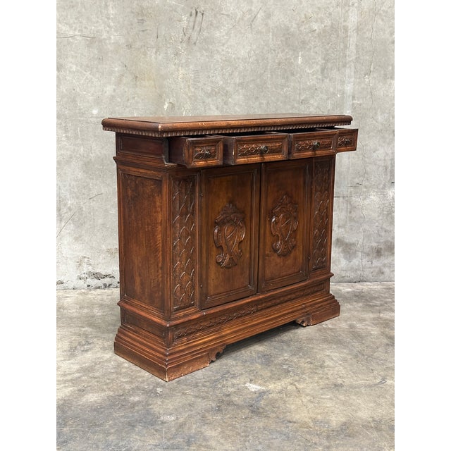 19th Century Carved Oak Sideboard Buffet Cabinet Renaissance Revival 44” For Sale - Image 17 of 18