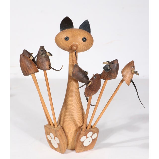 Kay Bojesen Mid 20th Century Wood Cat and Mouse Cocktail Hor d'Oeuvres Set For Sale - Image 4 of 9