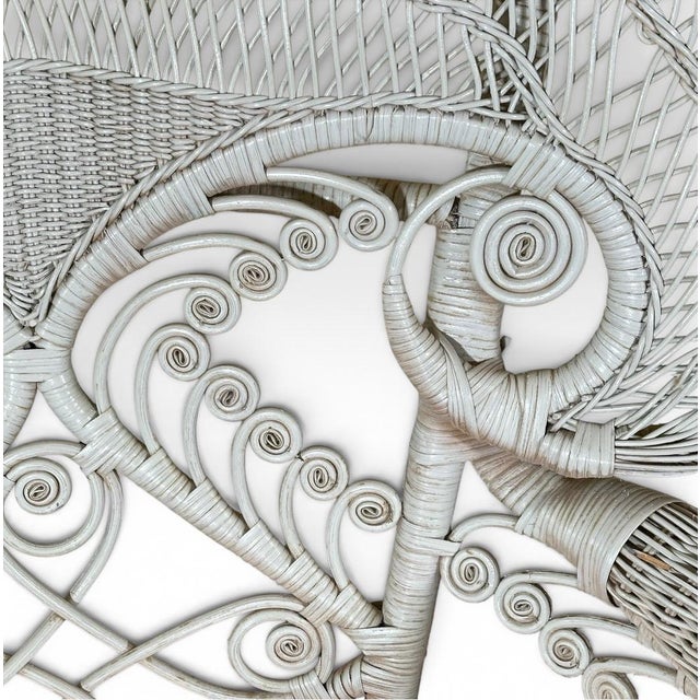 Vintage Boho Chic White Wicker Peacock Fan Back Chairs With Custom Cushions Pair For Sale - Image 13 of 16