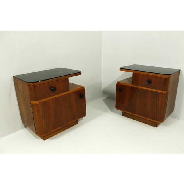Mid-Century Nightstands with Walnut Veneer and Black Opal Glass Tops, 1960s, Set of 2 For Sale - Image 11 of 17