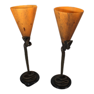 1990s Art Deco Style Snake Table Lamps, Bronze, Vianne Glass - a Pair